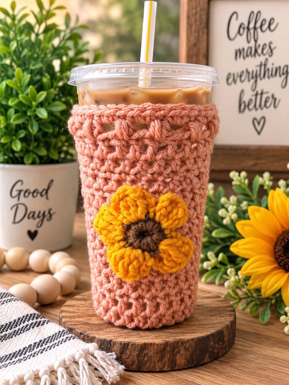 Hand-Crocheted Peach Cup Cozy with Yellow Sunflower Accent